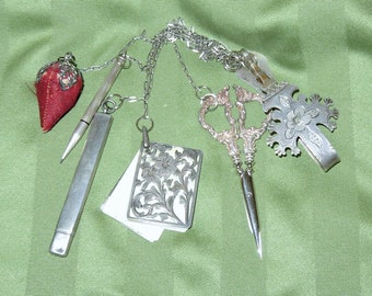 Antique Solid Silver Sewing Chatelaine - Scissors - Strawberry Emery - Needle Case - Aide Memoire &  Pencil - French Chatelaine Clip Hook