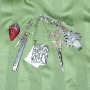 Antique Solid Silver Sewing Chatelaine - Scissors - Strawberry Emery - Needle Case - Aide Memoire &  Pencil - French Chatelaine Clip Hook