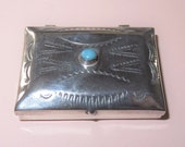 Vintage Navajo Sterling Silver Turquoise Pill Box-Snuff Box-Native American Indian Hand Stamped and Crafted Hinged Box-JOHN CHEE 1989