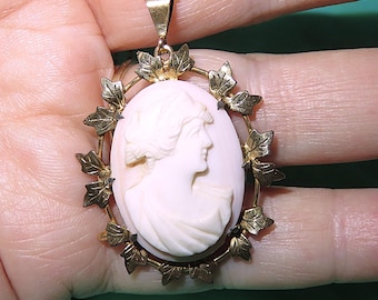 Antique Carved Angel Skin Relief Cameo Pendant & Chain in H. Stern Box - Gold Leaves Frame Setting