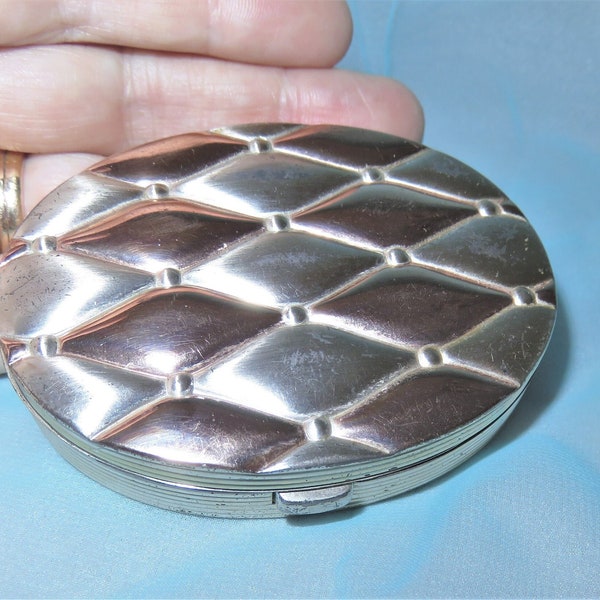 Antique Sterling Silver Evans Compact with Mirror - Oval Sterling Compact - Quilted Gold and Silver Diamond Pattern - Powder Screen & Puff