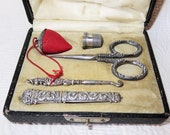 Antique Sterling Silver Sewing Box-Hallmarked Tools-Fitted Sewing Necessaire Etui-Needle Case-Scissors-Strawberry Emery-Thimble-Button Hook