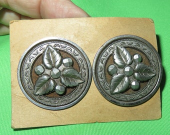 Large Antique Victorian Steel Cup Buttons Set Pair - Faceted Cut Steel Applied Leaves & Berries - U Shank - 1 1/4" Wide - Matching Set