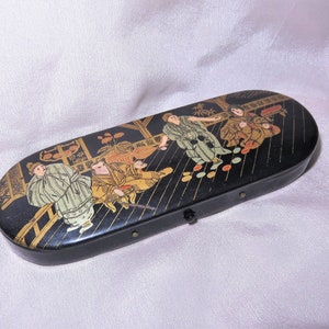 Antique Japanese Meiji Era Gilt Chinoiserie Black Lacquer Ware Eyeglass Spectacles Case Holder - Velvet Interior - Painted Push Button Case