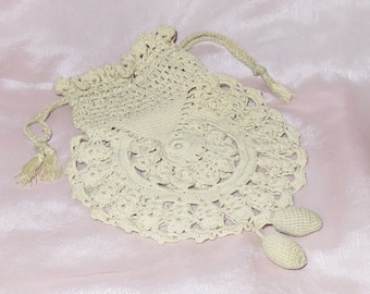 Antique Victorian Hand Crocheted Drawstring Purse with Acorn Tassels - Ecru Reticule - Wedding