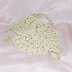 Antique Victorian Hand Crocheted Drawstring Purse with Acorn Tassels - Ecru Reticule - Wedding