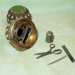 Rare Antique French Miniature Beaded Egg Fitted Sewing Etui - French Fashion Doll Thimble-Scissors-Needle Bodkin - Poupee Sewing Kit