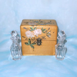 Antique Perfume Bottle Casket - Perfume Caddy - Perfume Chest - with Original Scent/Perfume Bottles - Hand Painted Wood & Velvet Interior