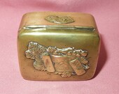 Antique Brass Bronze Japanese Meiji Era Hinged Box- Pill Box-Trinket Box-Ring Box-Embossed Butterflies on Writing Scroll with Flowers