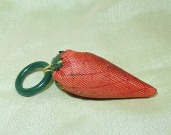 Vintage Antique Orange Silk Strawberry Sewing Emery - Chatelaine Needle Sharpener - Silk Sewing Needle Cleaner Pin Cushion - Felt Leaves