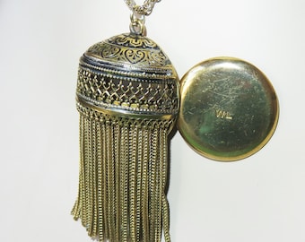 Rare Antique Walter Lampl Co NY Gold Tassels Vinaigrette Pendant Necklace - W L Fringed Pill Box Pendant Necklace & Chain