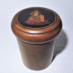 Antique Marquetry Ware Inlaid Snuff Box - Pill Box - Tobacco Holder - Cylindrical Shape Glass Lined Woodenware Box - Inlay Man Smoking Pipe