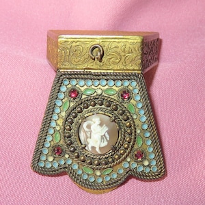 Antique French Cameo & Jeweled Enamel Chatelaine Pendant Box + Mirror-Carved Shell Muse Erato with Lyre - Gilded Compact Case - Patch Box