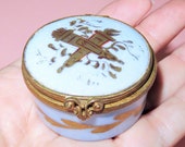 Antique French Porcelain Trinket Box-Hand Painted Crossed Torch and Arrow Quiver- Brass Hinged Box-Sevres Mark Made in France Patch Box