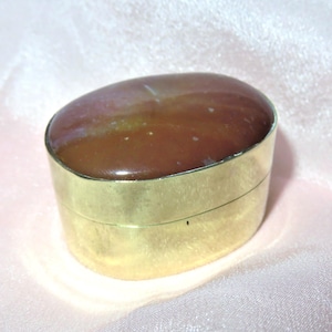 Antique Carnelian Stone Top Gilt Brass Box-Pill Box-Snuff Box-Patch Box-Polished Red Carnelian Cabochon Hinged Oval Trinket Box