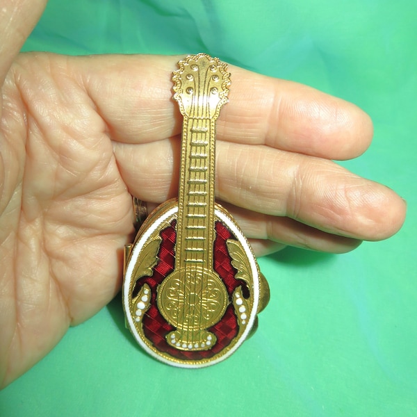 Vintage Gilt Enamel Jeweled Mandolin Shaped Pill Box - Guilloche Enameling with Gilded Decor - Clear Rhinestones - Hinged Trinket Pill Box