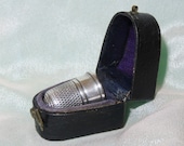 Antique Fitted Thimble Holder-Velvet and Silk Leatherette Casket-Case-Etui with Swivel Hook Closure Sterlng Silver Simons Brothers Thimble