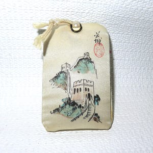 Vintage Hand Painted Silk Chinese Sewing Kit - Scissors, Thread, Needle Threader, Buttons - Pocket Size Asian Sewing Kit