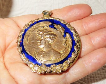 Antique French Art Nouveau Sliding Compact Mirror Pendant - Gilt Brass & Dark Blue Enamel - France Military Gentleman Profile with Eagle