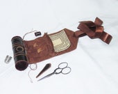 Antique Leather Sewing Roll up - Housewife - Hussif - Sterling Thimble - Needle Emery - Scissors -Velvet Pin Cushion Ends - Shaker Community