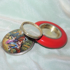 Antiek sterling zilver geëmailleerde dubbele compartimenten poeder en rouge compacte koffer-handgeschilderde man en dames & schaap-verguld interieur