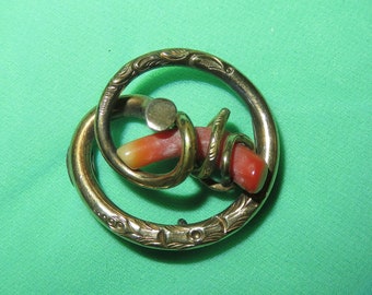 Antique Victorian Gold Filled Red/Orange Branch Coral Brooch Pendant or Brooch Pin - Engraved Decor