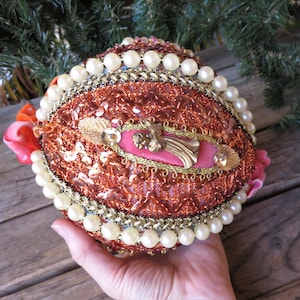 HUGE Vintage Hand Crafted Christmas Ornament-Velvet-Pearls-Sequins-Metalic Gold Trim-Angels-Large OOAK Ornate Ornament-20&quot; Around x 7&quot;