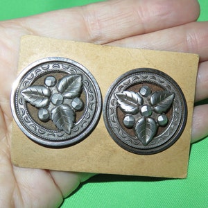 Large Antique Victorian Steel Cup Buttons Set Pair - Faceted Cut Steel Applied Leaves & Berries - U Shank - 1 1/4" Wide - Matching Set image 7