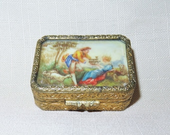 Antique Hand Painted Italy Box - Beveled Glass Top - Romantic Pastoral Scene Man Woman Sheep - Gilt Brass Pill Box - Snuff Box - Patch Box