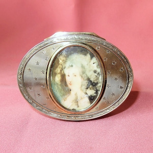 Antique Sterling Silver Trinket Box - Paris France - Hand Painted Portrait Miniature Box - Powder Compact -Snuff Box - Hallmarked Box 1921