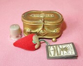 Antique Brass Sewing Box Casket Thimble Holder Kit- Buckle Design- Footed Box - Sterling Thimble-Strawberry Emery Needle Packet