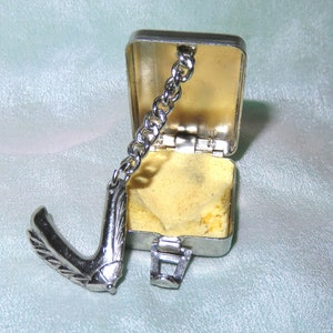 Vintage Hinged Box with Sponge & Chatelaine Hook - Silver Metal Box with Embossed Dragon - Stamp Box - Vinaigrette - Ink Stamp Box