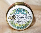 Vintage Halcyon Days Bilston Battersea Round Enamel Hinged Pill Box - Lion and Lamb quot With Love quot Daffodils and Ribbons Decor