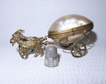 Antique Palais Royal Mother of Pearl Shell Goat Cart Thimble Holder & Waite Thresher Sterling Thimble - Gilt Brass MOP Goat Casket Carriage