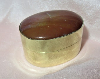 Antique Carnelian Stone Top Gilt Brass Box-Pill Box-Snuff Box-Patch Box-Polished Red Carnelian Cabochon Hinged Oval Trinket Box