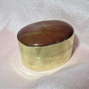 Antique Carnelian Stone Top Gilt Brass Box-Pill Box-Snuff Box-Patch Box-Polished Red Carnelian Cabochon Hinged Oval Trinket Box
