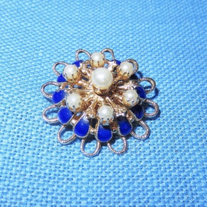 Vintage Antique CORO 1930&#39;s Brooch Pin - Blue Enamel & Pearls Filigree Domed Brooch Pin - Petite Designer Signed Coro Brooch