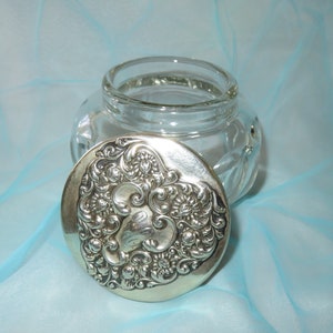 Large Antique Sterling Silver & Crystal Powder Box - Vanity Boudoir Jar - P. H. Locklin Sterling Silver Vermiel Repousse Heart Lid - Dresser