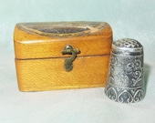 Antique Sterling Silver Ornate Thimble Antique Mauchline Ware Dumfries From South Thimble Case Holder Etui-Velvet Lined Hinged Wood Box
