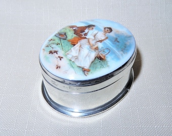 Antique 800 Silver Hand Painted Porcelain Top Box - Patch Box - Pill Box - Snuff Box - 800 Continental Silver Pastoral Scene Vanity Box