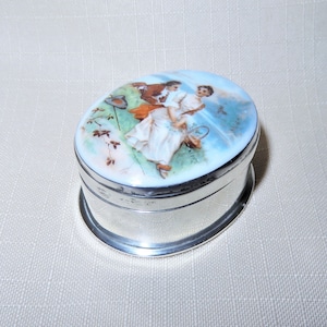 Antique 800 Silver Hand Painted Porcelain Top Box - Patch Box - Pill Box - Snuff Box - 800 Continental Silver Pastoral Scene Vanity Box