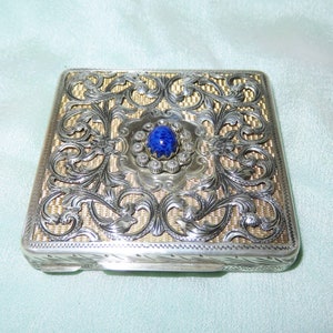 Antique Bright Cut Solid 800 Silver Compact Case-Engraved Silver Vermeil Compact with Swans Down Powder Puff - Blue Stone Top Italy Compact