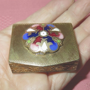 Antique Italy Gilt Brass & Champleve Enamel Box-Pill Box-Rouge Box-Patch Box-Snuff Box-Compact Case - Italian Enameled Flower Trinket Box