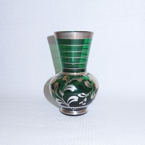 Vintage groene glazen vaas met hand toegepast Sterling zilveren overlay - Florence Italië kleine vaas