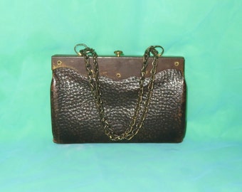 Antique Pebbled Leather Purse - Accordion Style Three Compartment Change Coin Purse - Chain Handle