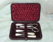 Antique Boxed Sewing Set-Sewing Kit-Sewing Etui-Sterling Silver Scissors-Thimble-Ribbon Bodkin-Mother of Pearl Tools-Perfume Corkscrew AND