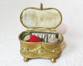 Antique Brass Sewing Box Casket Thimble Holder Kit- Buckle Design- Footed Box - Sterling Thimble-Strawberry Emery Needle Packet