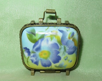 Vintage Porcelain Purse Shaped Trinket Box - Pill Box - Figural Handbag Shaped Box - Suitcase Shaped Trinket Box - Violet Flowers