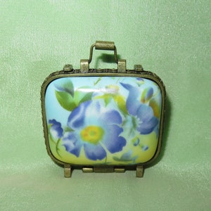 Vintage Porcelain Purse Shaped Trinket Box - Pill Box - Figural Handbag Shaped Box - Suitcase Shaped Trinket Box - Violet Flowers