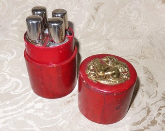 Antique Leather Cased Perfume Bottles Caddy - Vanity Scent Bottles & Heart Shaped Stoppers Set - Fitted Perfume Bottles Casket - Toiletry